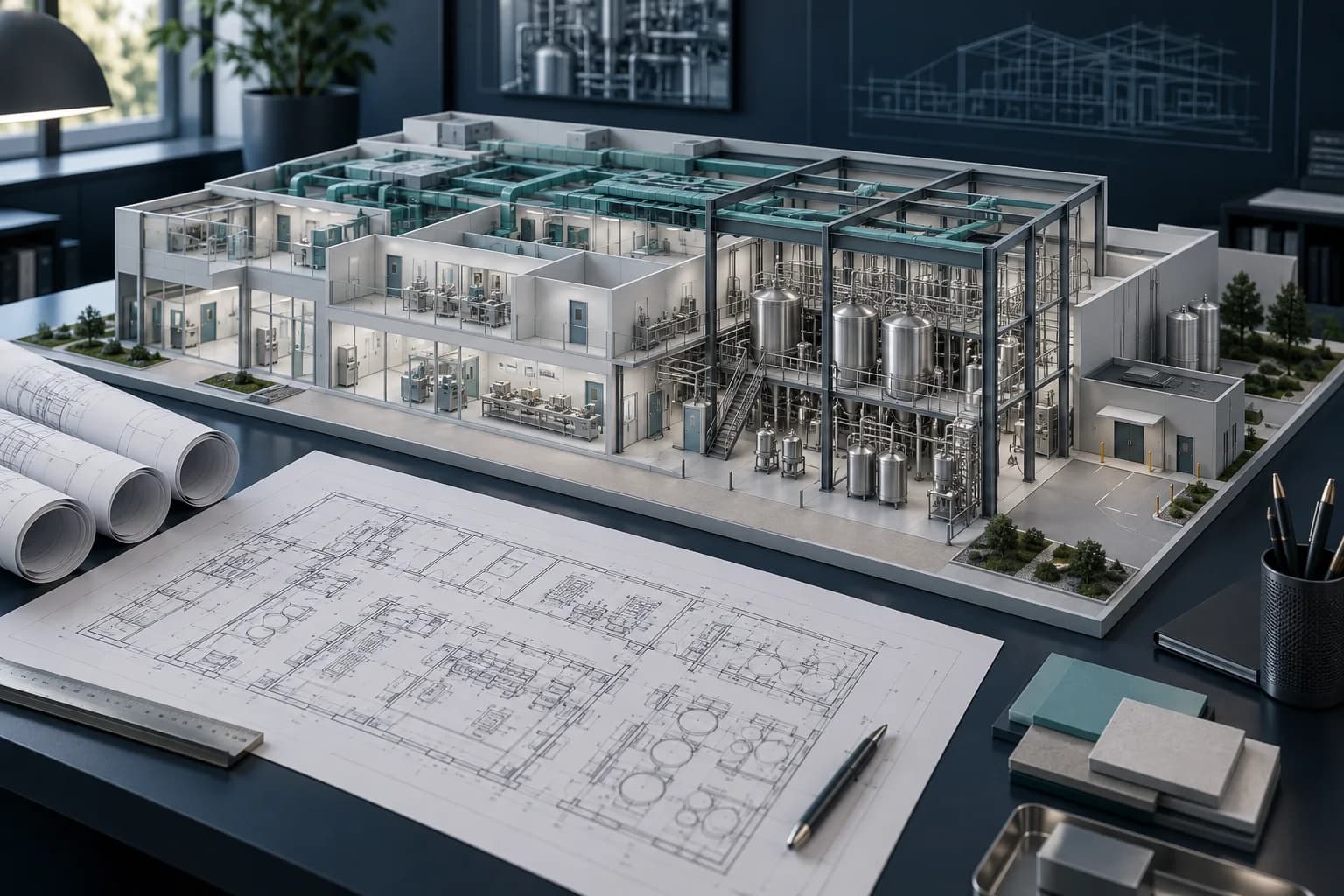 Conceptual pharmaceutical facility scale model and drawings on a planning table