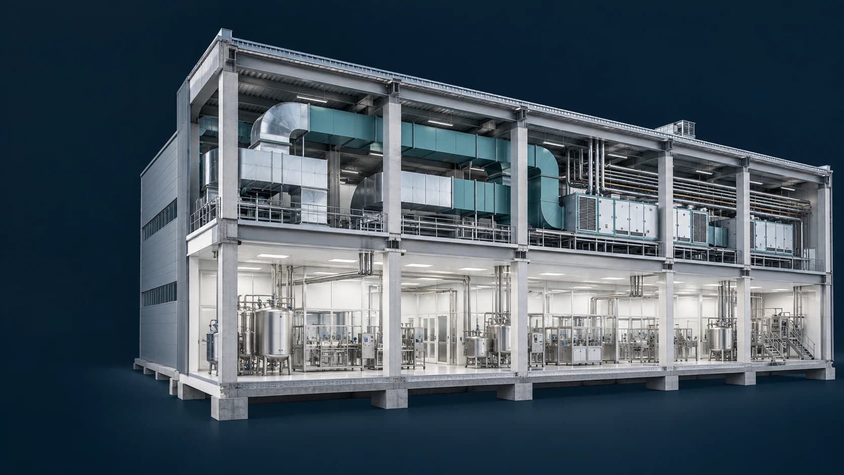 Structure · Production · Technical Mezzanine / Concept Conceptual pharmaceutical facility section showing structural columns and beams, lower-level cleanrooms and process equipment, and an upper technical mezzanine with large HVAC ducts and utility pipework. AI-generated illustration, not a completed GENO project or an engineering design.