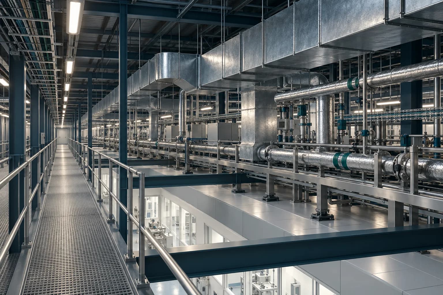 Technical mezzanine concept with coordinated air ducts, pipes and maintenance access